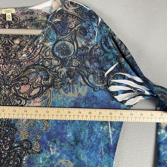 Reba Top Women 2X Burnout Southwestern Rhinestone Aztec Artsy Stretchy Abstract - Picture 8 of 14